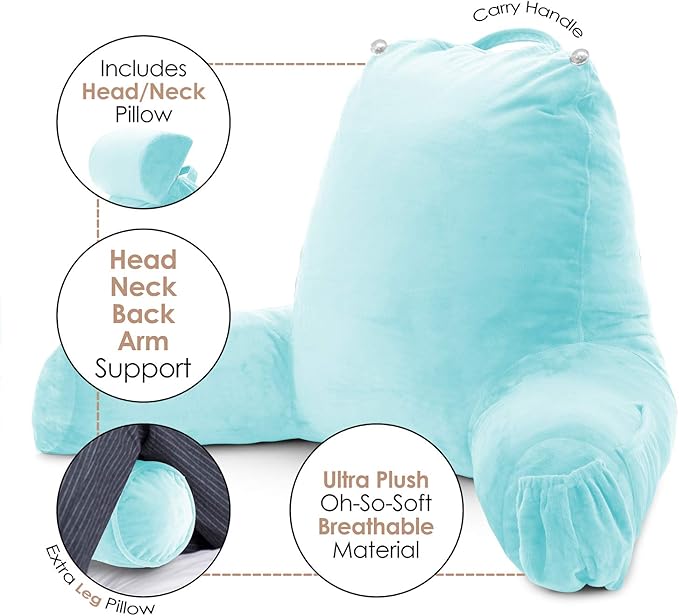 Nestl Reading Pillow Large Bed Pillow, Back Pillow for Sitting in Bed Shredded Memory Foam Chair Pillow, Reading & Bed Rest Pillows Light Blue Back Pillow for Bed, Bed Chair Arm Pillow with Pockets