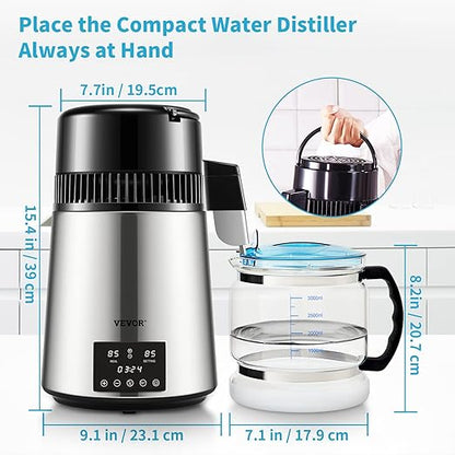 VEVOR Water Distiller, 304 Stainless Steel Countertop Water Stiller, 0.3Gal/H, 0-99H Timing Dual Temp Display, 1.1Gal Distilled Water Maker Machine, Glass Carafe, 3 Carbon Bags, Citric Acid Powder