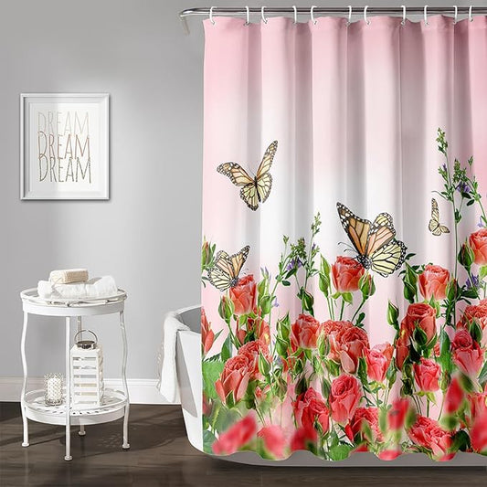AILONEN Butterfly Shower Curtain for Bathroom, Red Flower Bath Curtain,Flying Butterfly Bathroom Curtain,Polyester Waterproof Bathroom Decor Curtain with 12 Plastic Hooks(72" W*78" H)
