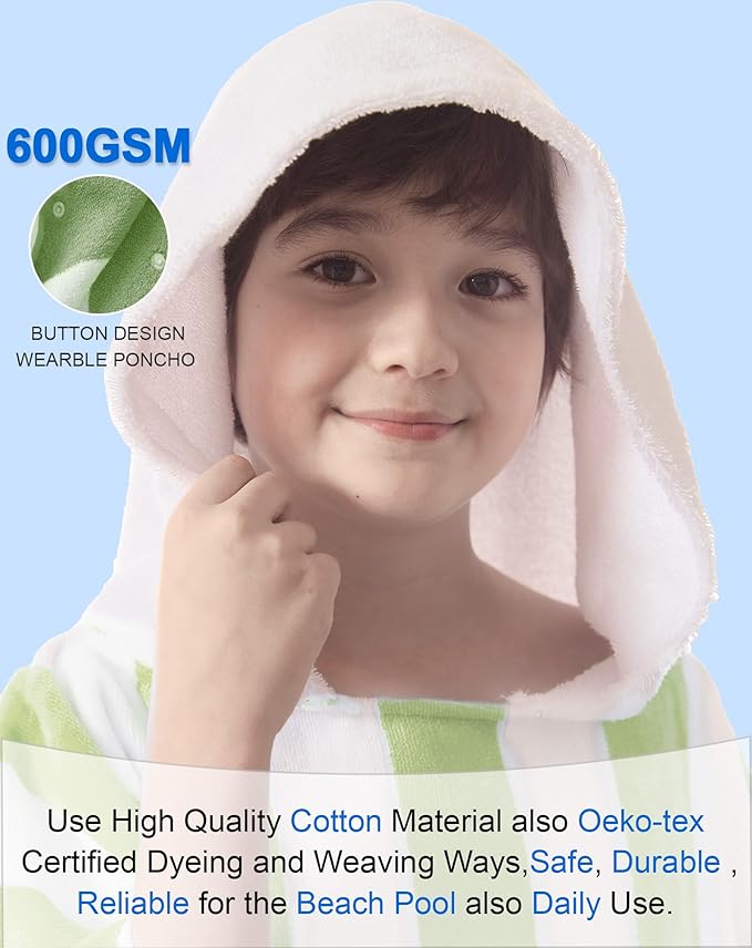 VOOVA & MOVAS Big Kids Hooded Towel Poncho | Large, Thick, Absorbent Cotton Towel Robe | 8-16Years | Versatile for Pool, Swim, and Bathroom | Sage and White Cabana Stripe
