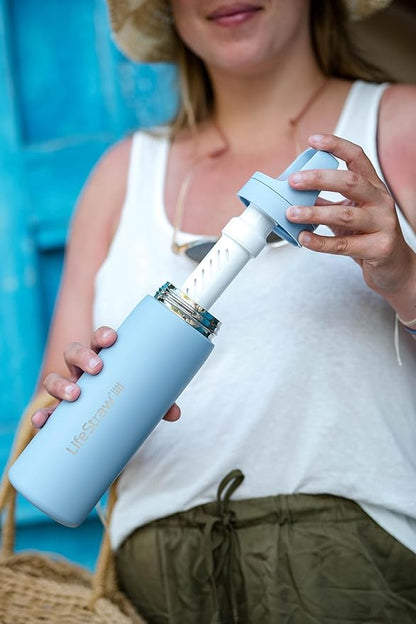 LifeStraw Go Series – Double Wall BPA-Free Vacuum Insulated 18 oz Stainless Steel Water Filter Bottle for travel and everyday use; Icelandic Blue