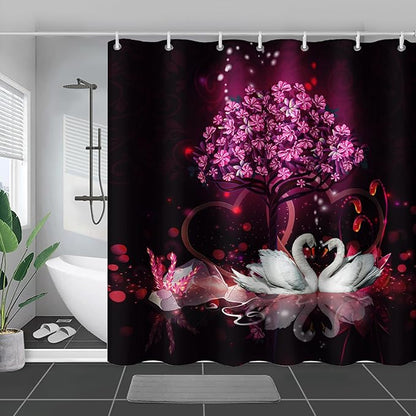 AILONEN Romantic Love Theme Shower Curtain for Girls Pink Love Tree Floral Valentine Bathroom Decor,Swan Couple Lover Bath Curtain 72" W*96" H Polyester Waterproof Bathroom Curtain with Hooks