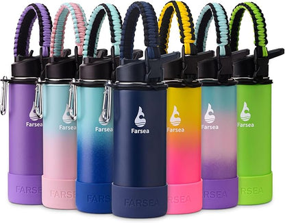 Farsea Insulated Water Bottle With Paracord Handle, Protective Boot and 2 Lids (Straw Lid & Spout Lid), Stainless Steel Water Bottle Wide Mouth, Double Wall Sweat-Proof BPA-Free, 18 oz