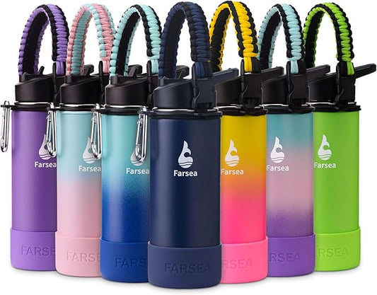 Farsea Insulated Water Bottle With Paracord Handle, Protective Boot and 2 Lids (Straw Lid & Spout Lid), Stainless Steel Water Bottle Wide Mouth, Double Wall Sweat-Proof BPA-Free, 18 oz