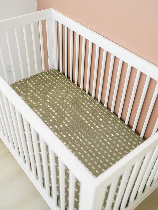 Olive Strokes Muslin Crib Sheet by Mebie Baby, Soft and Breathable Bed Sheets for Babies, Modern Neutral Bedding for Cribs, Standard Crib Mattress Fitted Sheet, Great for Boy or Girl Room or Nursery