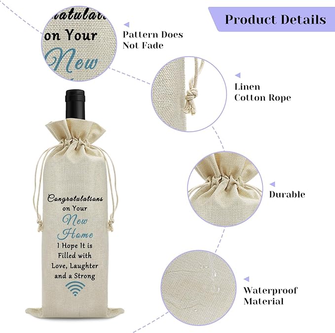 Housewarming Gift New Home Gift Wine Gift Bag First New Home Gift for Homeowner Friends Men Coworker Housewarming Party Decors Wine Bottle Wrap Bag Christmas Gift for Host Drawstring Burlap Wine Bag