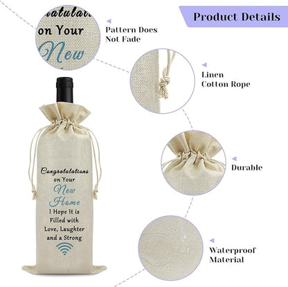 Housewarming Gift New Home Gift Wine Gift Bag First New Home Gift for Homeowner Friends Men Coworker Housewarming Party Decors Wine Bottle Wrap Bag Christmas Gift for Host Drawstring Burlap Wine Bag