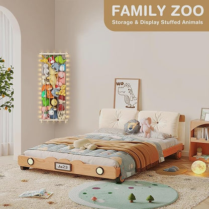 Stuffed Animal Storage Toy Organizer - Corner Stuff Animal Holder for Kids with Light - Wall r Plush Toys Holder with Length Adjustable for Nursery Playroom Bedroom (Ivory)