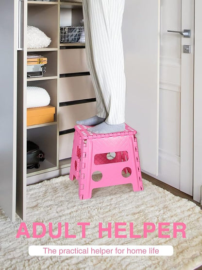 Non-Slip Folding Step Stool - 13 inch Height Heavy Duty Foldable Stool for Adults Kids, Plastic Step Stool Camping Stepping Stool - Pink