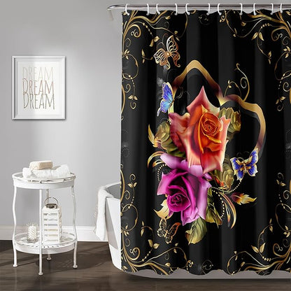 AILONEN Girls Rose Floral Shower Curtain 60" W*72" H for Bathroom, Gold Yellow Flower Butterfly Bathroom Curtain,Women Teen Girls Flower Bath Curtain Polyester Waterproof Bath Curtain with 12 Hooks