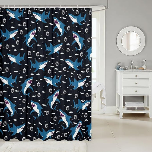 Feelyou Shark Bath Curtain Cute Shark Bathroom Shower Curtain Set for Kids Toddler Boys Girls Cartoon Shark Shower Curtain Shark Ocean Kids Bathroom Accessories 72"x72"