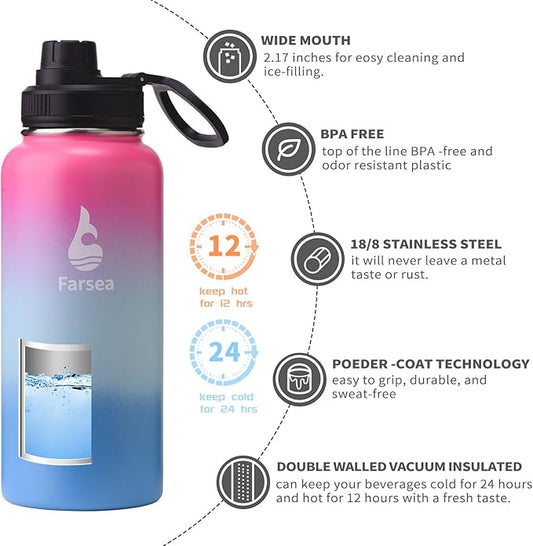 Farsea Insulated Water Bottle With Paracord Handle, Protective Boot and 2 Lids (Straw Lid & Spout Lid), Stainless Steel Water Bottle Wide Mouth, Double Wall Sweat-Proof BPA-Free, 32 oz