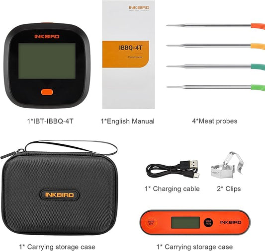 Inkbird WiFi Grill Thermometer IBBQ-4T & Instant Read Thermometer IHT-1P & Carrying Case, Meat Thermometer for Oven, Smoker, Cooking with Alarm Timer Graph, Rechargeable 4 Colorful Probes