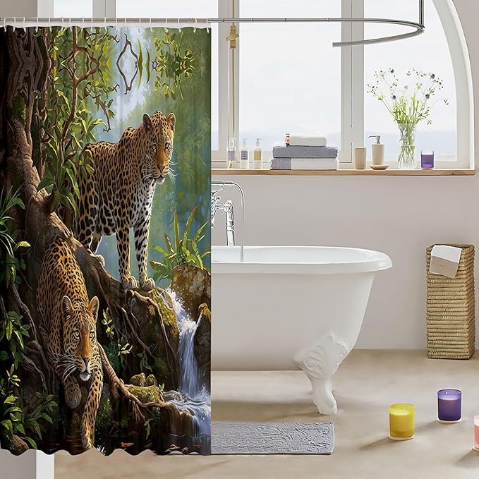 Feelyou Leopard Bath Curtain Kids Leopard Shower Curtain Wild Leopard Bathroom Shower Curtain Set Kids Toddler Yellow Leopard Kids Bathroom Accessories Mountain Leopard 72"x84"