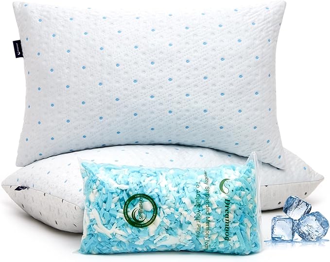 Cooling Standard Pillows Set of 2 Adjustable Height & Firmness Shredded Memory Foam Bed Pillows for Sleeping with Soft Cover Sleeping Pillows for Adults for Side Back Stomach Sleeper