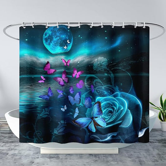 AILONEN Flying Butterfly Shower Curtain for Girls Women,Blue Sky Starry Ocean Sea Rose Bath Curtain 72" W*72" H Polyester Fabric Waterproof Bathroom Curtain with 12 Hooks
