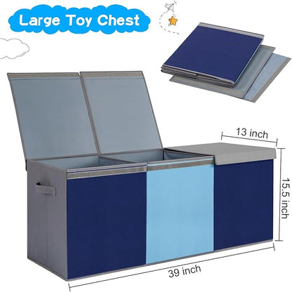 Large Toy Box Chest with Lid, Oxford Collapsible Sturdy Toy Storage Boxes Bins Baskets for Boys, Girls, Closet, Playroom, Nursery Room, 39"x15.5"x13" (Light Blue & Dark Blue)