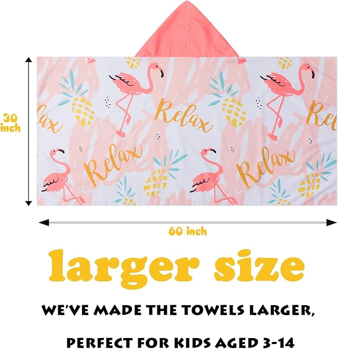 Kids Hooded Towels - Soft and Absorbent Bath, Beach, Swim Pool 30" x 60" Large Towel Cover Up for Boys and Girls Flamingo
