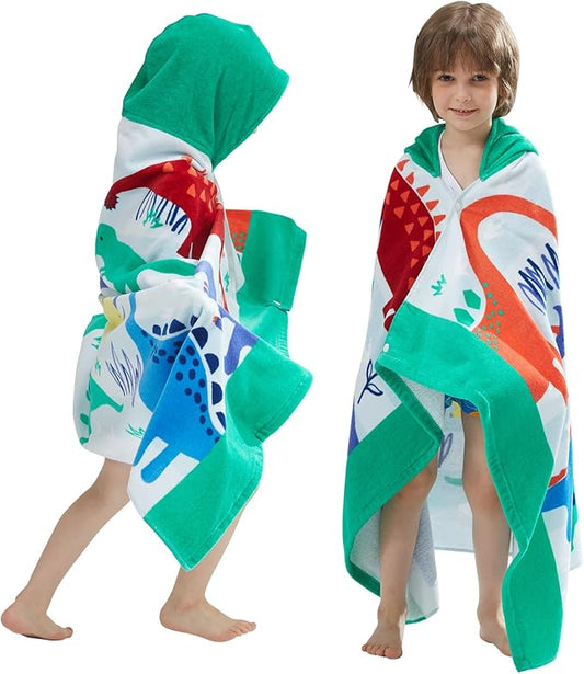 BANGSAUR Kids Hooded Beach Bath Towels, 100% Cotton 50"x30" Wrap Blanket, Toddlers Boys 3-12 Years Coverup Towel Dinosaurs