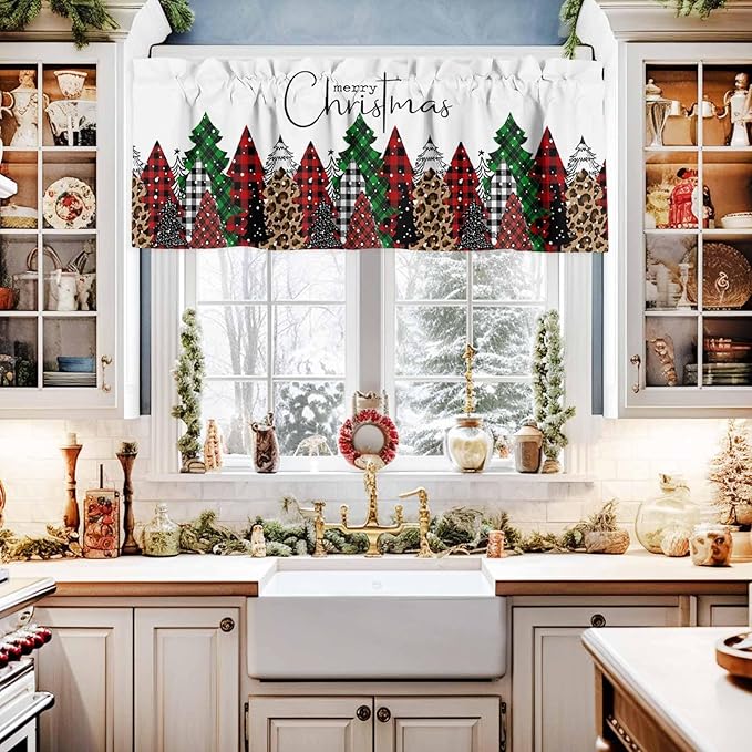 Merry Christmas Valance Curtains for Kitchen Windows Buffalo Plaid Xmas Tree Winter Forest Farmhouse Rod Pocket Window Treatment Toppers for Kitchen/Living Room/Bedroom/Bathroom, 54" X 18",Red Green