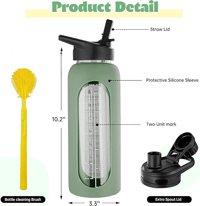 SIEROZUR 32 oz Glass Water Bottle with Straw and Handle Large Sports Motivational Water Bottle with Time Marker and 2 Lids, Leakproof Reusable Water Jug with Silicone Sleeve for Gym