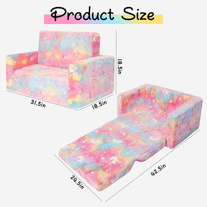 Kids Couch, Fold Out Kids Sofa Chair, Toddler Convertible Sofa to Lounger Pull Out Couch, Glow in The Dark Sofa Chair for Boys and Girls (Pink Large)