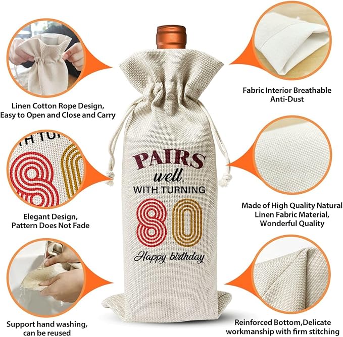 80th Birthday Wine Gift Bag For Best Friend Mom Dad Women Men Grandfather Grandmother, 1944 Birthday Gift, 80th Birthday Party Decor, 80th Anniversary Wine Bag, Pairs Well With Turning 80