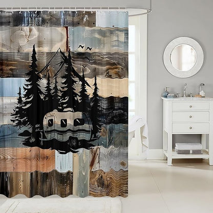 Feelyou Camper Bath Curtain Camping Bathroom Shower Curtain Set for Kids Toddler Boys Girls Happy Camping Shower Curtain Camping Car Kids Bathroom Accessories 72"x84"
