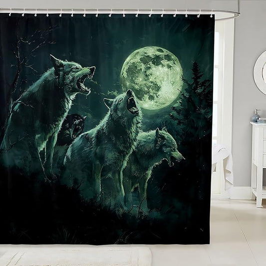 Feelyou Wolf Bath Curtain Wolves Howling Shower Curtain for Boys Girls Green woles Bathroom Shower Curtain Set Animal Wolves Kids Bathroom Accessories 72"x84"