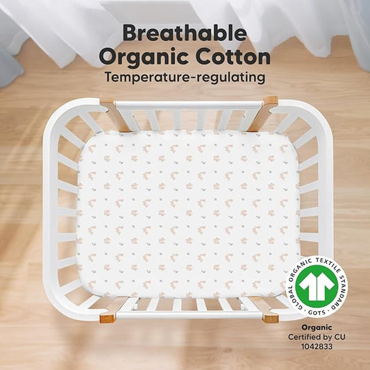 2-Pack Mini Crib Sheets Fitted, Pack and Play Sheets - Organic Cotton Pack N Play Sheets for Pack and Play Mattress, Playard Baby Crib Sheets, Jersey Crib Sheets Neutral for Boys,Girls (Nibbles/Bruce)