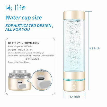 Hydrogen Sport Water Bottle, Professional Hydrogen-Rich Water Generator with SPE and PEM, 320ml 5000PPB Dual Mode Hydrogen Water Maker ionized for Travel Hiking Swimming (Gold)
