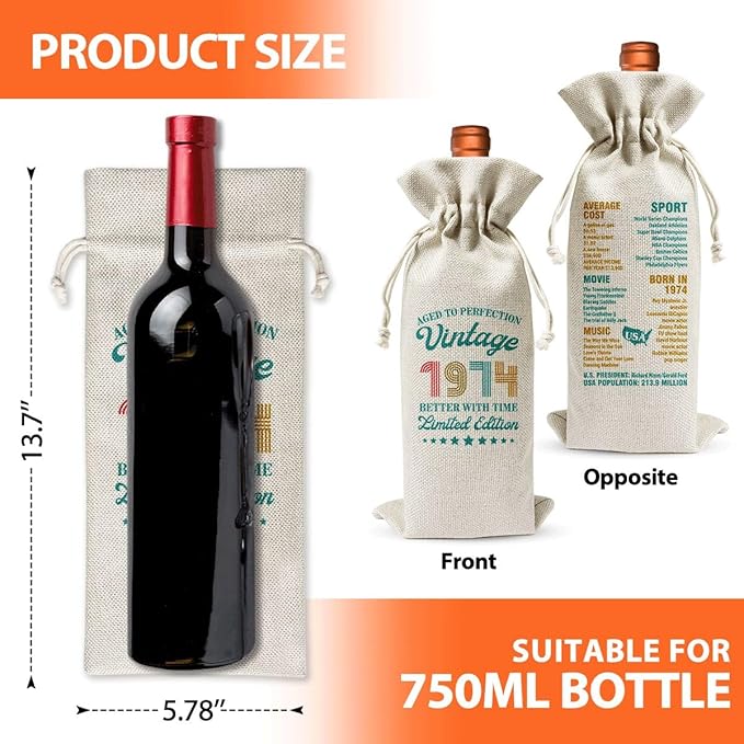 50th Birthday Wine Gift Bag For Best Friend Mom Dad Women Men, 50th Birthday Party Decor Favors, 1974 Birthday Idea Gift, 50th Anniversary Wine Bag, Drawstring Burlap Wine Bottle Bag