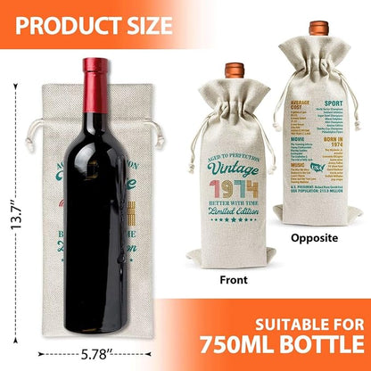 50th Birthday Wine Gift Bag For Best Friend Mom Dad Women Men, 50th Birthday Party Decor Favors, 1974 Birthday Idea Gift, 50th Anniversary Wine Bag, Drawstring Burlap Wine Bottle Bag