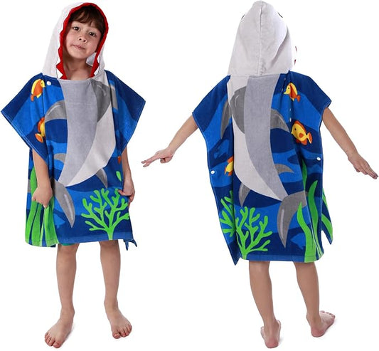 Kids Hooded Beach Bath Towel, Baby Surf Poncho Toddlers Soft Real Cotton Wrap Hooded Towels for Kids Boy Girl