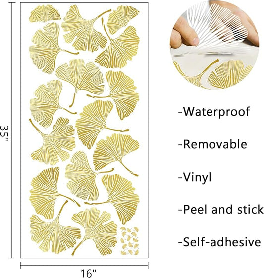 Mfault Gold Leaves Wall Decals Stickers, Ginkgo Leaf Botanical Living Room Decorations Bedroom Art, Plant Home Kitchen Bathroom Decor
