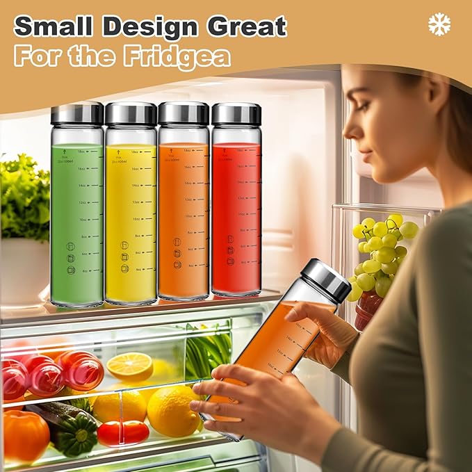 SIEROZUR Juice Bottles - 6 Pack Wide Mouth Glass Bottles with Lids - for Juicing, Smoothies, Infused Water, Beverage Storage - 20oz, BPA Free, Stainless Steel Lids, Leakproof, Reusable, Borosilicate