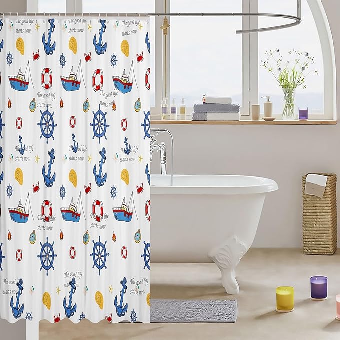 Feelyou Anchor Decor Shower Curtain 72"x72" Kids Sailboat Printed Bathroom Shower Curtain Set for Boys Girls Teens Nautical Compass Print Bath Curtain Ocean Marine Themed Bathroom Accessories