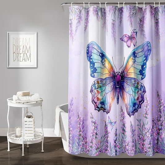 AILONEN Butterfly Shower Curtain for Bathroom, Purple Lavender Bath Curtain Decor,Flower Butterfly Waterproof Shower Curtain with 12 Plastic Hooks (Kids/Girls/Women/Teens) 72" W*84" H