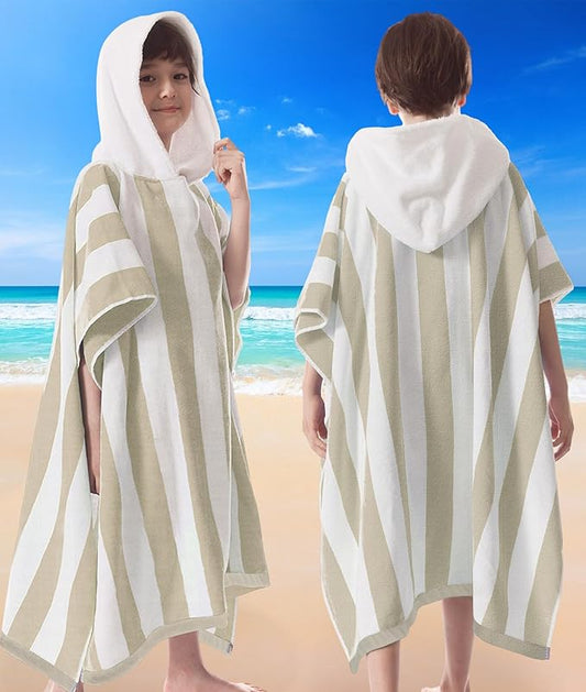 VOOVA & MOVAS Hooded Beach Towel for Big Kids | Large (8-16Years) Soft and Absorbent Cotton Poncho Towel Robe for Pool, Swim, and Bath, Tan Cabana Stripe