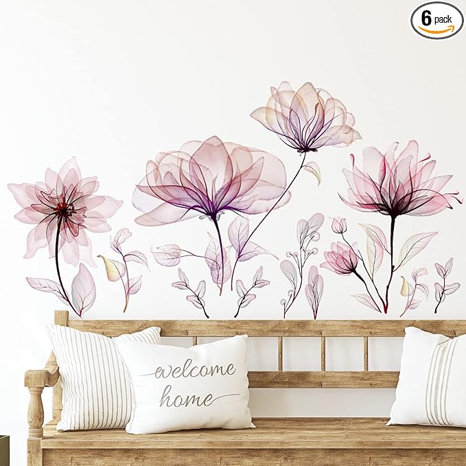 Zonon Flowers Wall Decals Vinyl Dragonflies Flowers Wall Stickers Removable Floral Wall Murals Peel and Stick Colorful Flower Wall Decor for Bedroom Living Room Nursery(Floral)