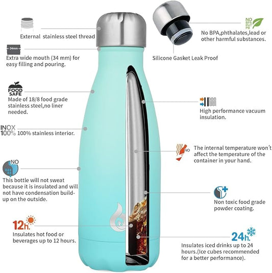 BJPKPK 12oz Insulated Water Bottle Stainless Steel Water Bottles For Travel Keep Cold And Hot,Mint