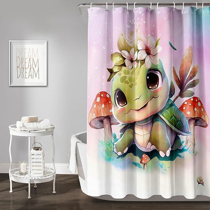 AILONEN Kawaii Sea Turtle Shower Curtain,Tie Die Ocean Animal Themed Bath Curtain Cloth Fabric Bathroom 72" W*96" H Inch,12 Pack Hooks for Kids,Sea Animal with Mushroom Bathroom Curtain