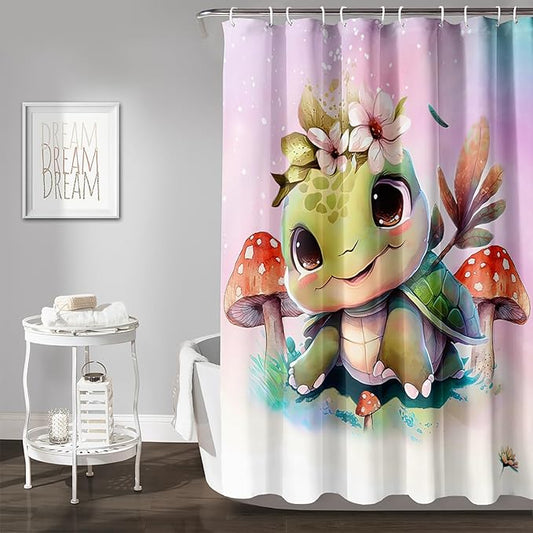 AILONEN Kawaii Sea Turtle Shower Curtain,Tie Die Ocean Animal Themed Bath Curtain Cloth Fabric Bathroom 72" W*96" H Inch,12 Pack Hooks for Kids,Sea Animal with Mushroom Bathroom Curtain