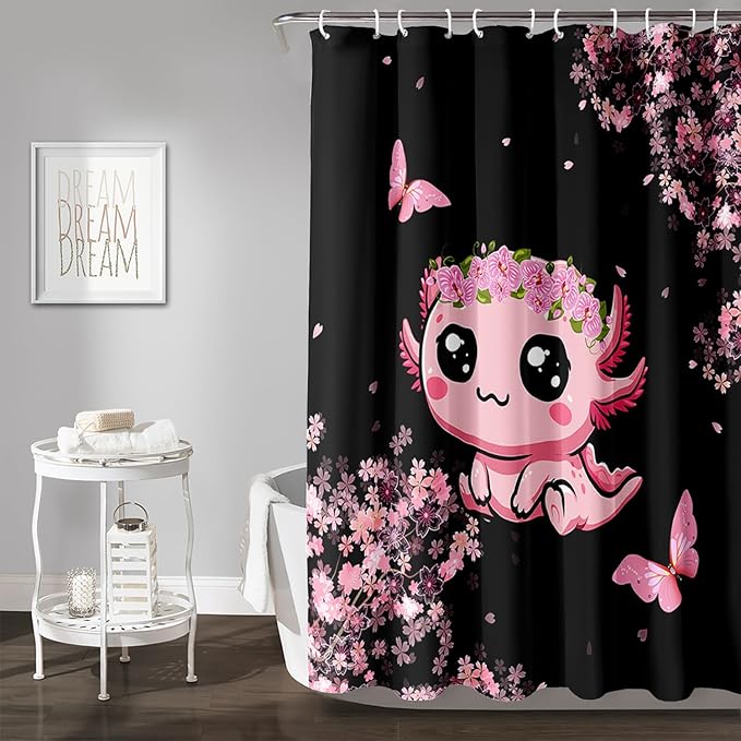 AILONEN Cute Cartoon Axolotl Kawaii Shower Curtain,Pink Cherry Blossom Floral Bath Curtain,Animal Axolotl Butterfly Waterproof Black Curtain for Bathroom, 36" W x 72" H