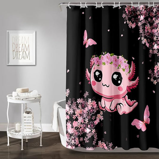 AILONEN Cute Cartoon Axolotl Kawaii Shower Curtain,Pink Cherry Blossom Floral Bath Curtain,Animal Axolotl Butterfly Waterproof Black Curtain for Bathroom, 48" W x 72" H