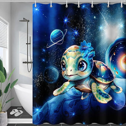 AILONEN 3D Sea Turtle Shower Curtain for Bathroom, Cute Turtle Blue Space Galaxy Bath Curtain,Kids Kawaii Ocean Turtle Decorative Watercolor Curtain with 12 Plastic Hooks for Boys Girls 72" W*78" H