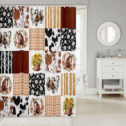 Feelyou Horse Shower Curtain 72"x84" Kids Cowboy Cow Fur Bathroom Shower Curtain Set for Boys Girls Teens Farm Geometric Stripes Bath Curtain Daisy Sunflower Bathroom Accessories