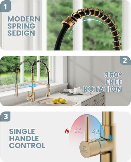 Kitchen Faucet, KF-GB-5001, Brushed Gold, Solid Brass, Single Handle, RV Sink Faucet with Pull Down Sprayer
