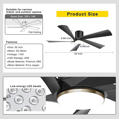 Ohniyou 52” Low Profile Ceiling Fan with Lights, Remote & APP Control Modern Flush Mount Indoor Outdoor Ceiling Fans, Dimmable, Silent DC Motor, Reversible, Black