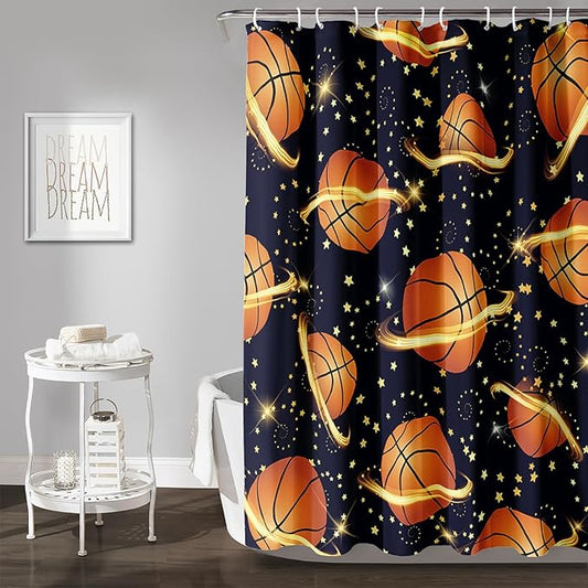 AILONEN Sports Basketball Shower Curtain for Bathroom, Space Planet Ball Print Bath Curtain,Yellow Star Basketball Kids Boys Bathroom Decor Waterproof 72" W*72" H Inch with 12 Plastic Hooks